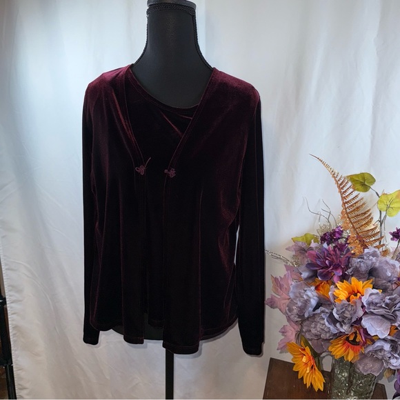 George Tops - George Burgundy Velvet Open Cardigan Hook Front Long Sleeve M